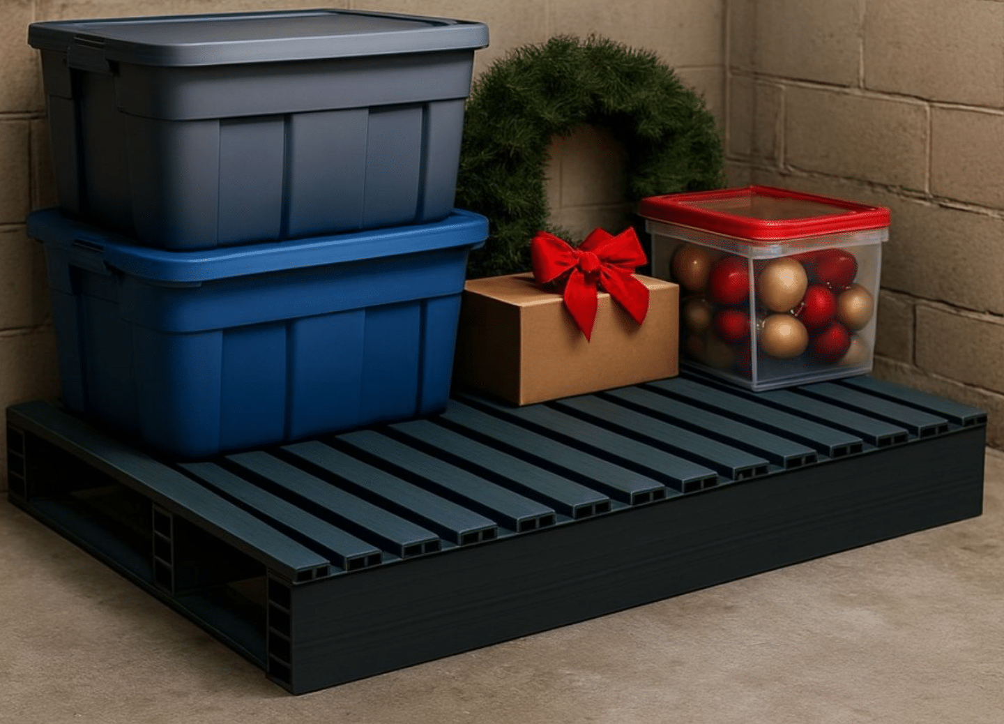 Plastic pallet holding stacked storage bins filled with Christmas decorations in a garage, keeping holiday décor elevated and protected from moisture